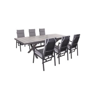 DELUKE Garten-Sitzgruppe JOANA 7-tlg. Kunststoff Schwarz Gartenmöbel-Set Garten-Essgruppe Hochlehnerstühle Esstisch Ausziehbar