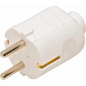 Weißer Schutzkontakt-Stecker aus Kunststoff für den Innenbereich.
