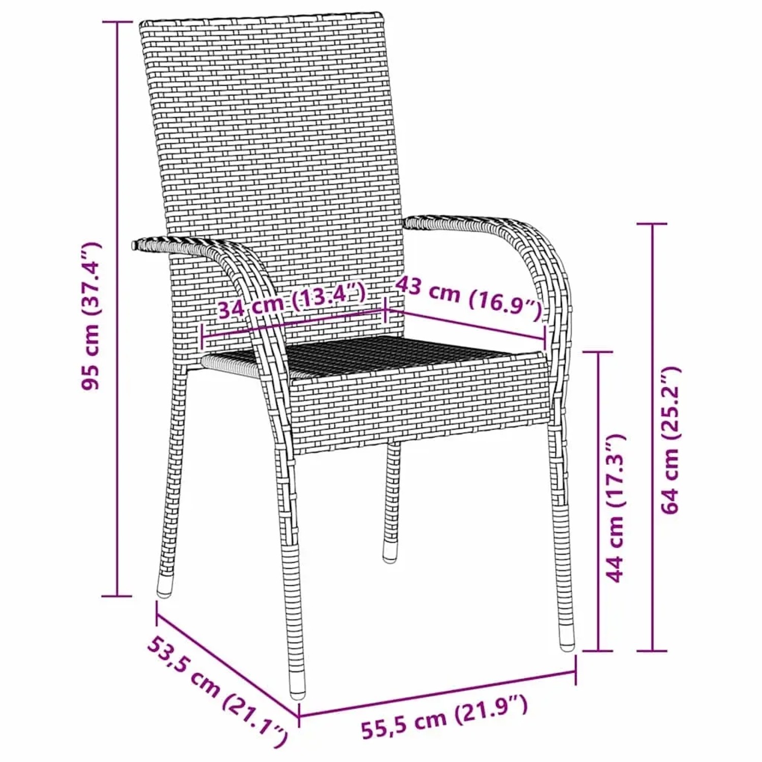 Schwarzer vidaXL Gartenstuhl aus Poly Rattan mit Maßangaben, Teil der 9-tlg. Essgruppe.