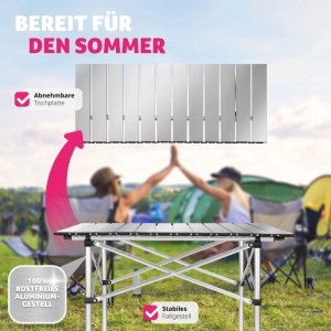 Grauer, klappbarer Tectake Campingtisch aus Aluminium, 70x70x70 cm, mit abnehmbarer Tischplatte und stabilem Gestell.