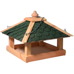 Dobar Vogelhaus mit grüner Bitumen-Dachpappe und Metallkette zum Aufhängen.