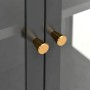 Detailaufnahme: Anthrazitfarbene vidaXL Vitrine mit goldenen Griffen, Büroschrank aus Stahl und Glas.