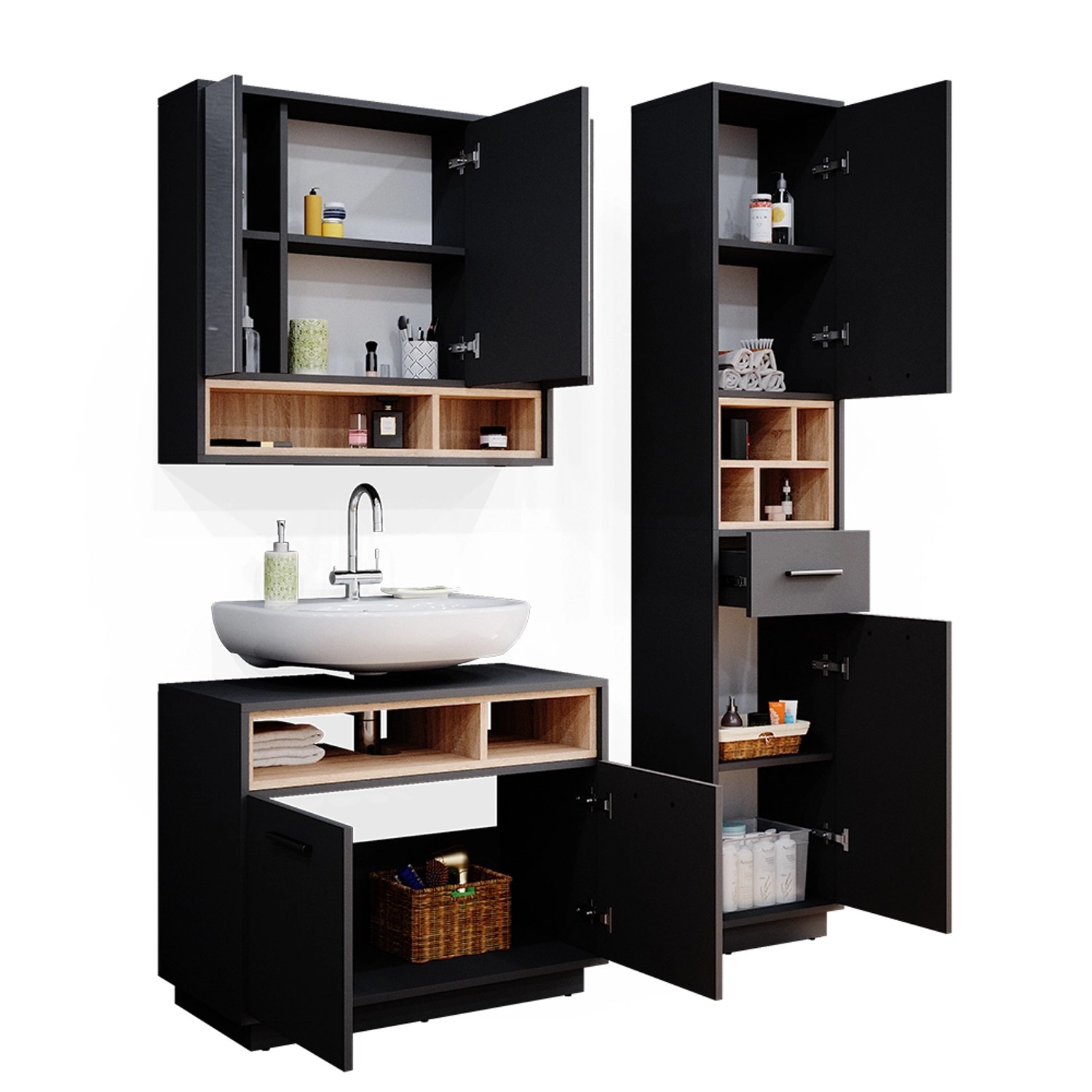 Vicco Badmöbel-Set Beatrice, 3-teilig in Anthrazit/Sonoma mit Spiegelschrank, Waschbeckenunterschrank und Hochschrank.