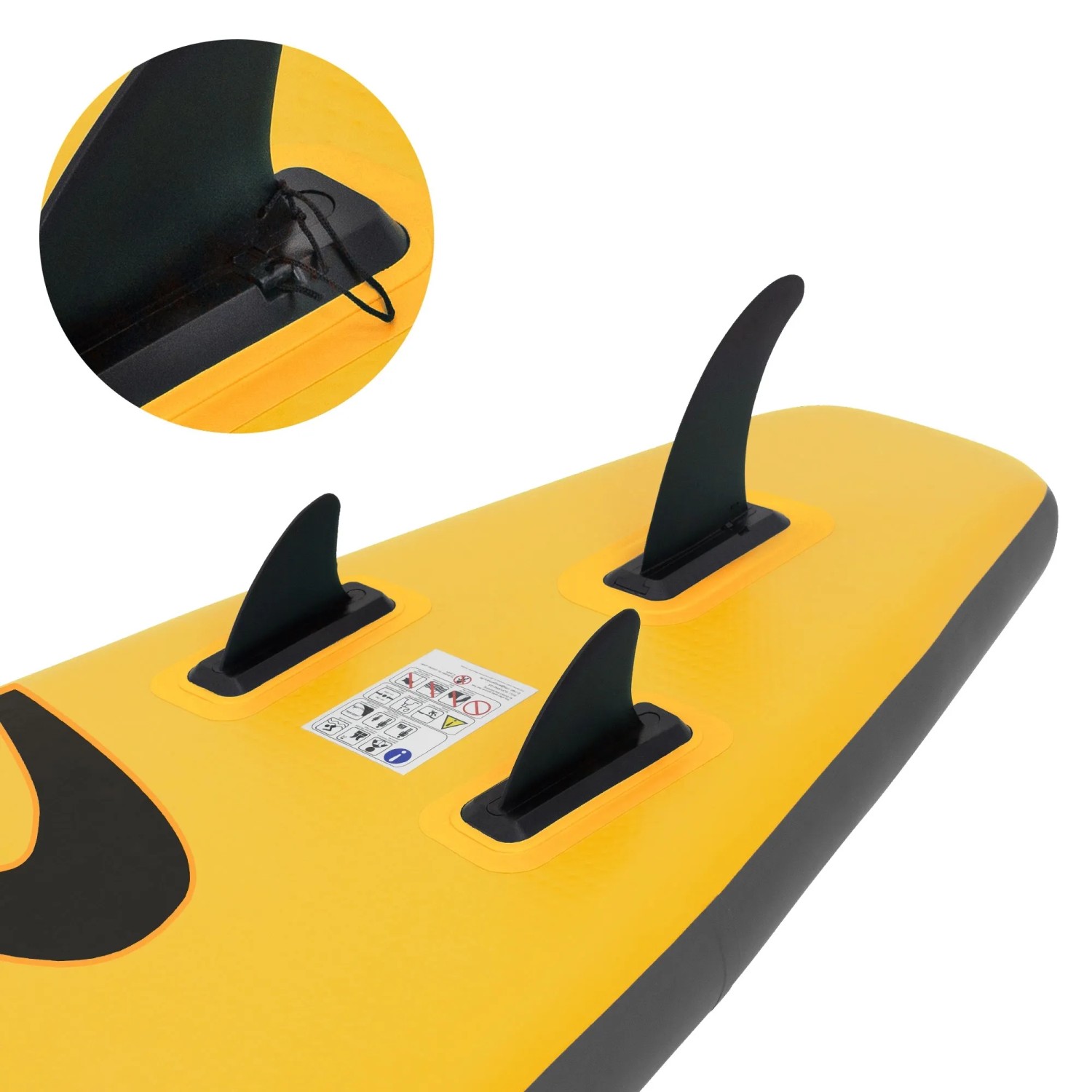 Detailansicht: Gelbes Stand Up Paddle Board (SUP) von ECD Germany mit schwarzen Finnen.