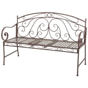 Braune 2-Sitzer Gartenbank Saket aus Metall mit Zierornamenten und hochklappbarem Tisch.