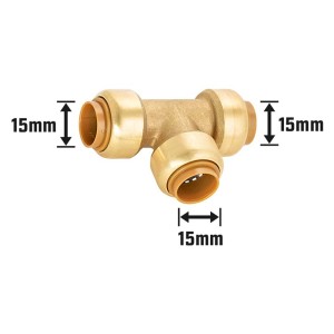 Steck-T-Stück Ø 15 mm aus Messing für Wasser- und Heizungsinstallationen.