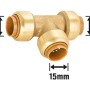 Steck-T-Stück Ø 15 mm aus Messing für Wasser- und Heizungsinstallationen.