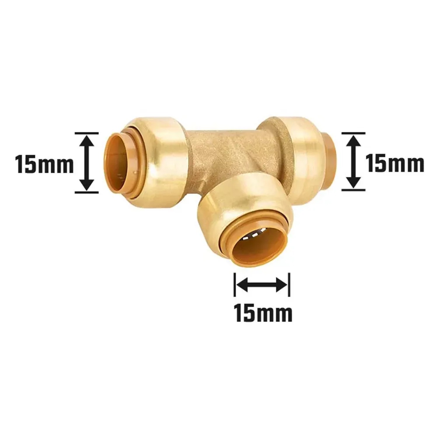 Steck-T-Stück Ø 15 mm aus Messing für Wasser- und Heizungsinstallationen.