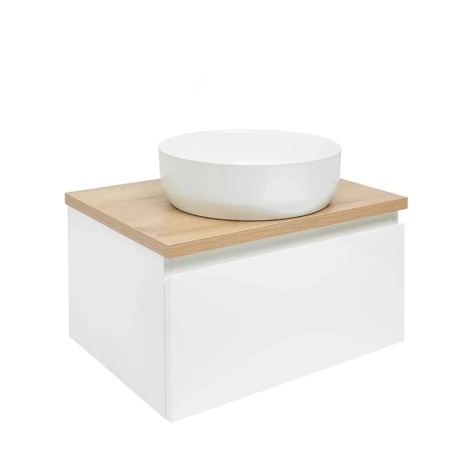 Swiss Aqua Technologies Badezimmerschrank 60x30CM Eiche Optik mit LOFTY Aufsatzwaschbecken 39x12CM Weiß Glänzend