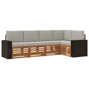 vidaXL Ecksofa Set, 5-teilig, Akazie massiv, natur/hellgrau. Gartenmöbel mit Sitz- und Rückenkissen.