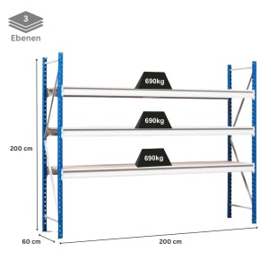 PROREGAL Weitspannregal Maximus Pro Grundregal mit 3 Ebenen, blau/grau, Fachlast 690kg.