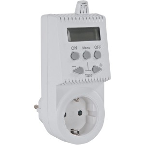 Digitales Steckdosenthermostat von Vitalheizung, weiß, mit Display und Bedienelementen für Heizpaneele.