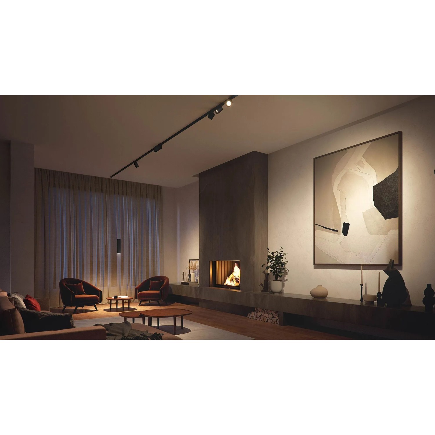 Schwarze Philips Hue Perifo LED-Pendelleuchte als Schienensystem-Erweiterung in Wohnraum.