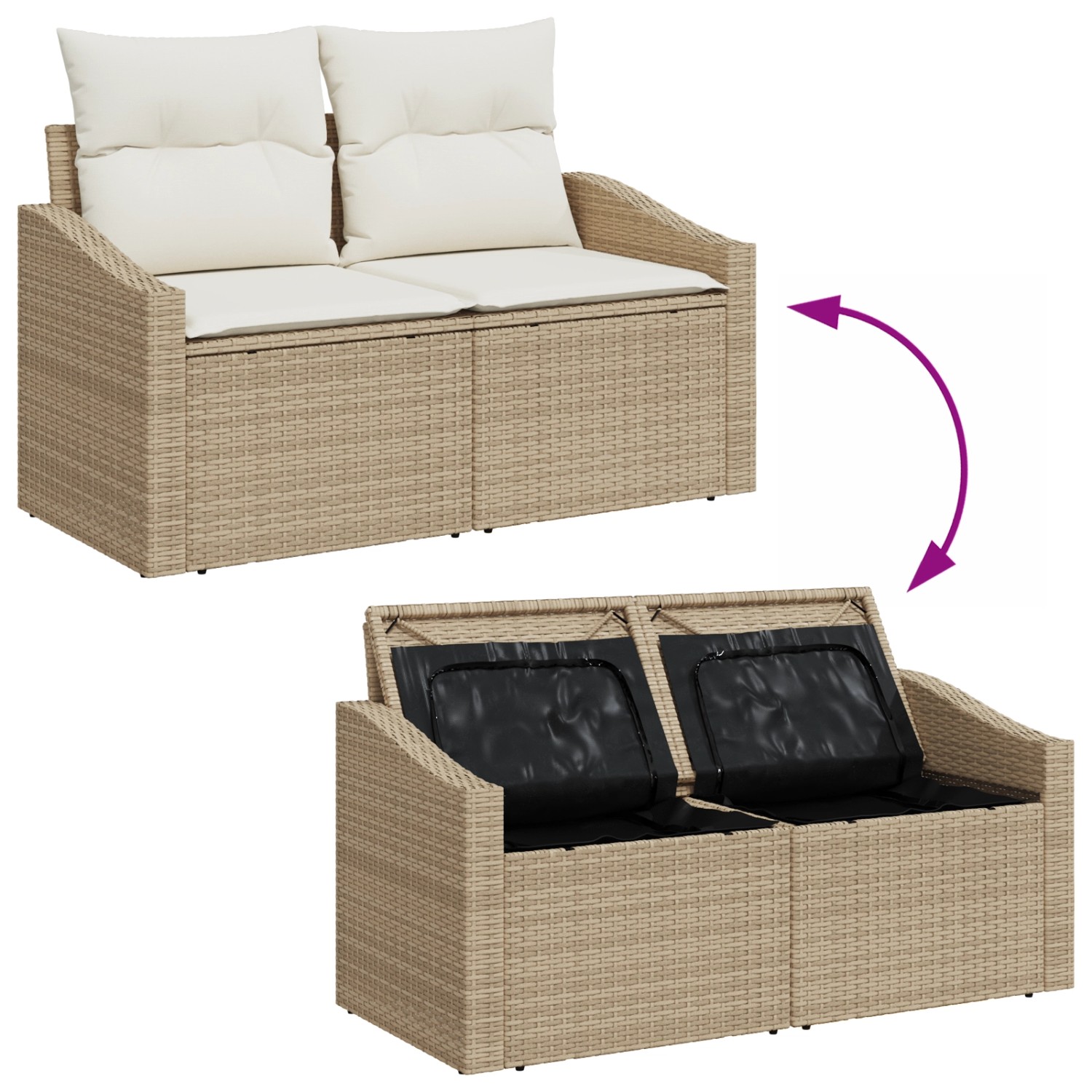 vidaXL Garten-Sofa-Set, 9-teilig, beige/weiß, mit Stauraum unter den Sitzen. Gartenmöbel aus Rattan.