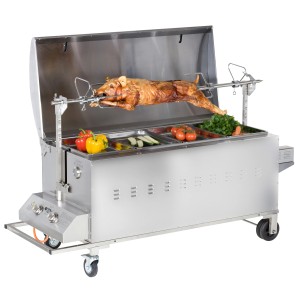 Tepro Gasgrill Columbus Spanferkelgrill aus Edelstahl mit Spanferkel und Gemüse.