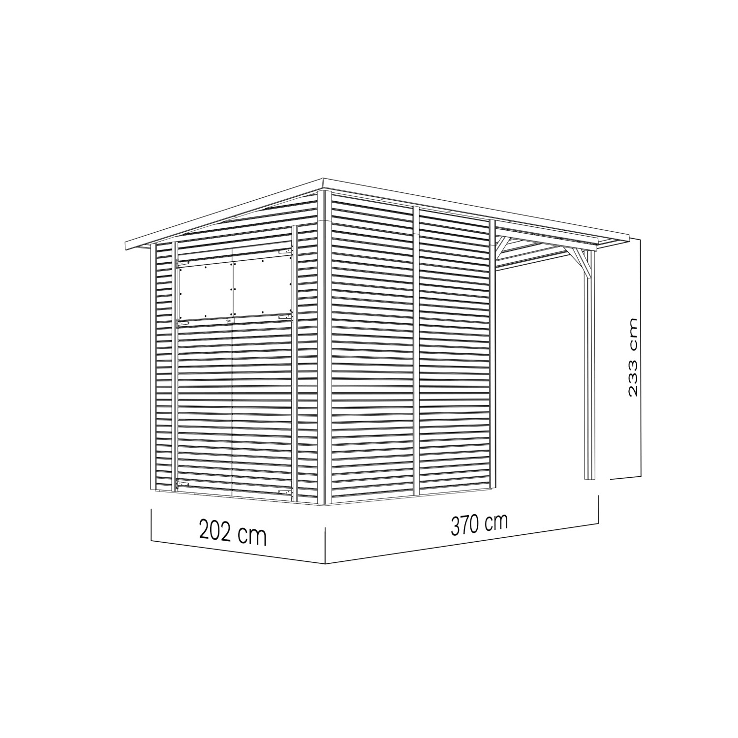 Abbildung des Bertilo Gerätehaus Pent Modern 3 Plus Natur, 371x202 cm, mit Maßangaben.