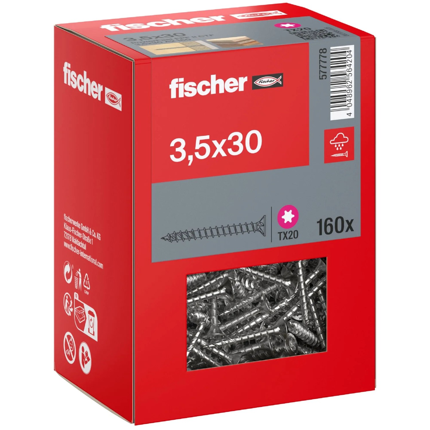 Fischer Schraube PowerFast II A2 Senkkopf TX Vollgewinde Ø 3,5 x 30 mm 160 Stk