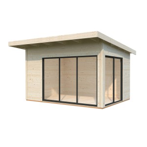 Naturbelassenes Palmako Gartenhaus Andrea mit Schiebetüren und Vordach.