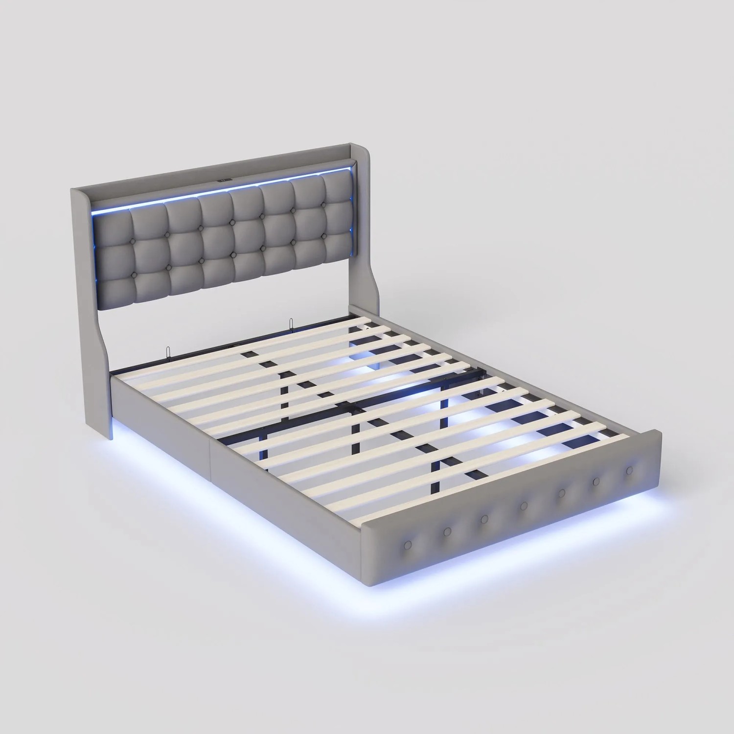 PXloue Polsterbett 160x200cm mit LED USB und Type-C  Bettgestell mit Lattenrost Grau