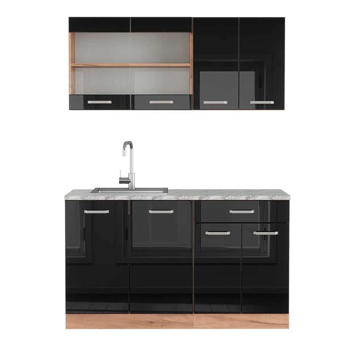 Vicco R-Line Singleküche Schwarz Hochglanz Goldkraft Eiche 140 cm AP Marmor ohne E-Geräte