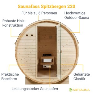 Artsauna Fasssauna Spitzbergen 220 aus Fichtenholz mit Glastür und Saunaofen.