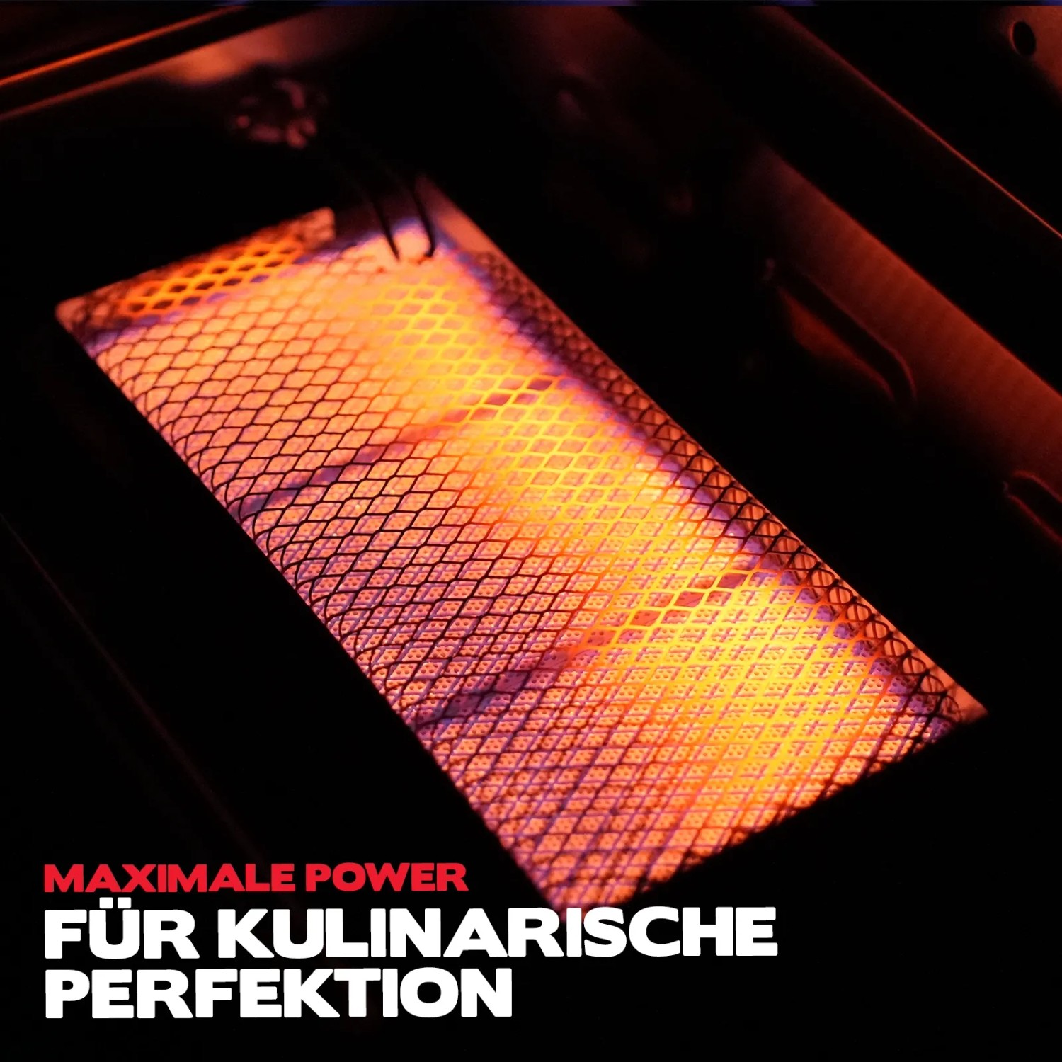 Nahaufnahme des Sear-Burners im Taino Platinum Yamara Gasgrill, der Hitze abstrahlt.