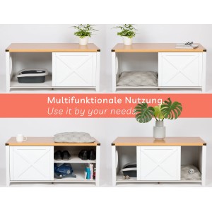 needs&wants Katzenschrank Catty1 als Schuhbank und Katzenmöbel in Weiß/Braun.