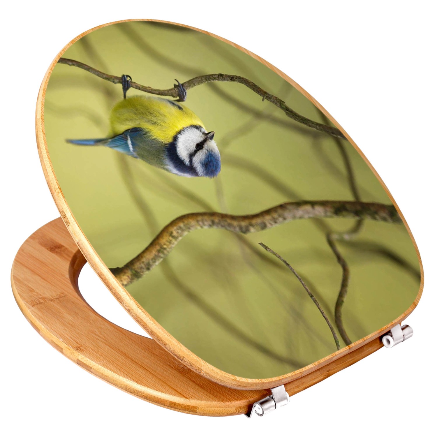 Banjado WC-Sitz aus Bambus mit Blaumeise Motiv. Toilettendeckel aus Holz für Standard WC.