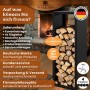 Schwarzes BLACK OAK Kaminholzregal YELLOWSTONE aus Stahl, gefüllt mit Holzscheiten.