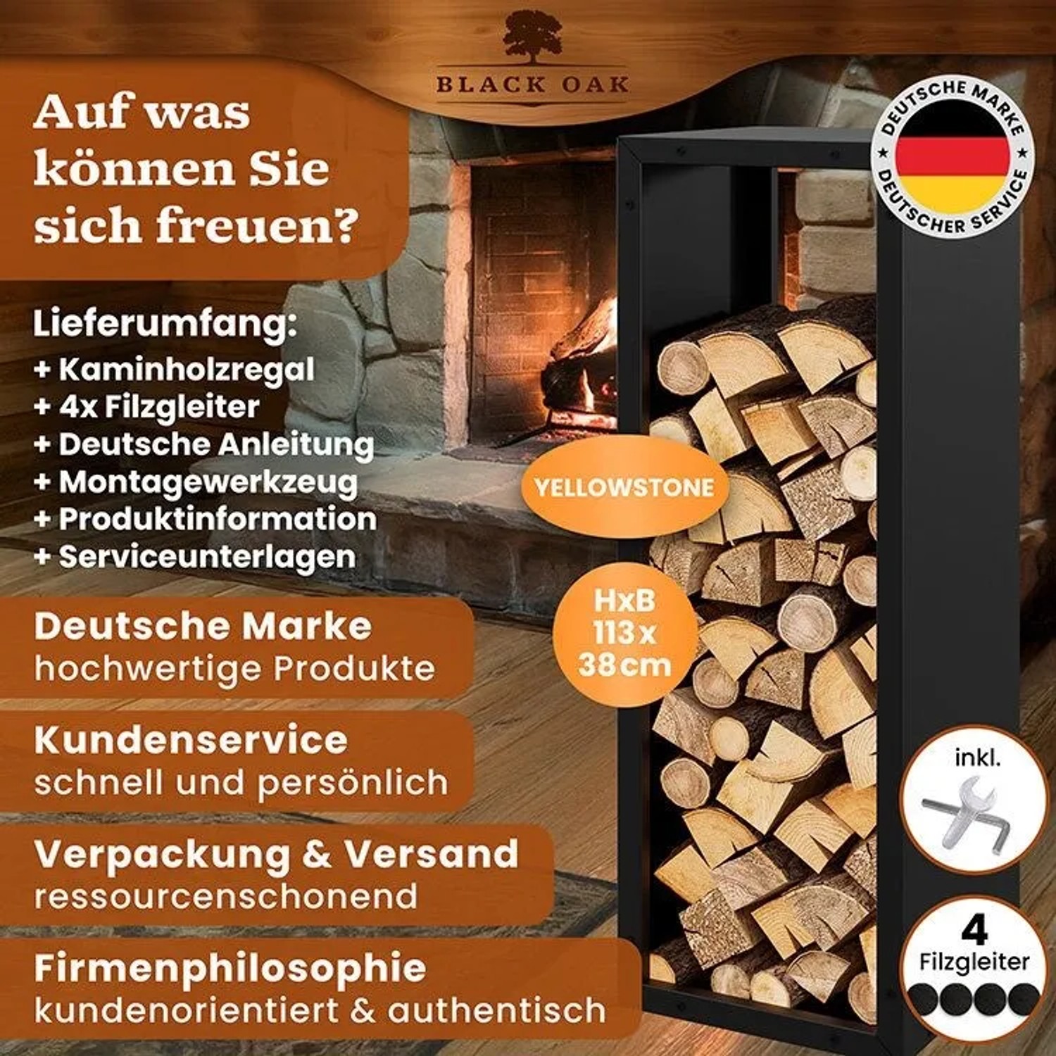 Schwarzes BLACK OAK Kaminholzregal YELLOWSTONE aus Stahl, gefüllt mit Holzscheiten.