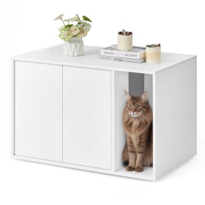 Weißer Feandrea Katzenklo-Schrank mit Katze, Deko und Toolless-Technologie.