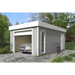 Moderne, lichtgraue Lasita Garage Bahamas 2 mit Sektionaltor, Fenster und Tür. Auto steht in der Fertiggarage.