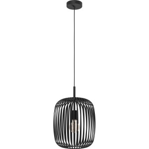 Schwarze Eglo Pendelleuchte Romazzina mit Lampenschirm aus Metallstreifen, 40W. Moderne Hängelampe für Wohnbereich.