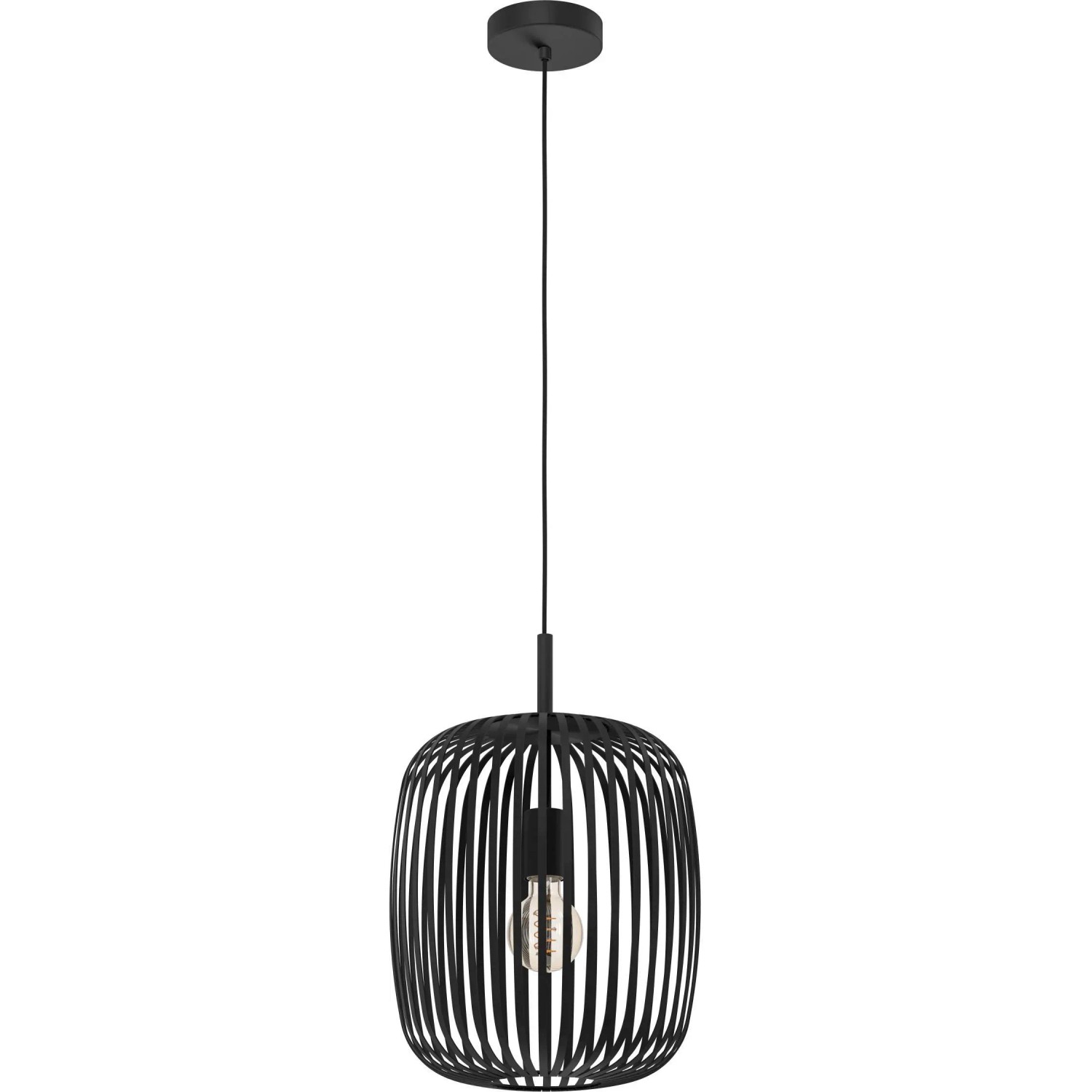 Schwarze Eglo Pendelleuchte Romazzina mit Lampenschirm aus Metallstreifen, 40W. Moderne Hängelampe für Wohnbereich.