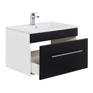 Posseik Waschplatz Viva, 75 cm, Schwarz Seidenglanz mit offenem Schubfach.