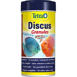 Tetra Discus Granulat 250ml: Fischfutter für Diskusfische, mit zwei Diskusfischen auf der Packung.