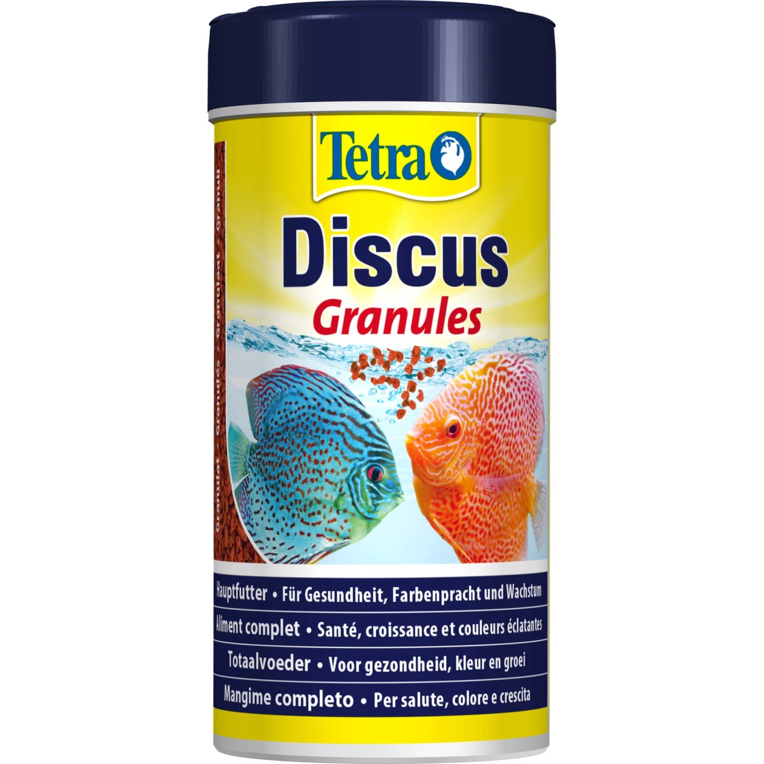 Tetra Discus Granulat 250ml: Fischfutter für Diskusfische, mit zwei Diskusfischen auf der Packung.