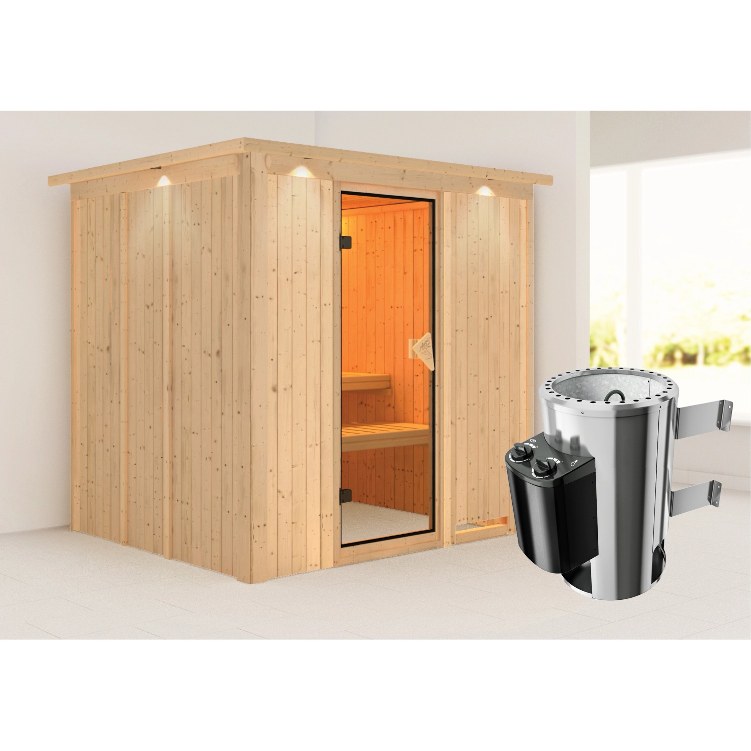 Karibu Sauna Dilja mit Ofen intergrierte Stg.LED-Dachkranz Natur günstig online kaufen