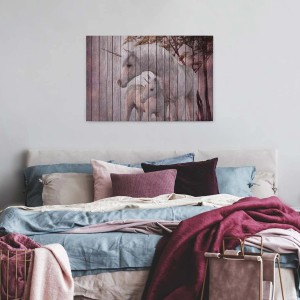 Bricoflor Einhorn Leinwandbild im Querformat mit Einhorn und Fohlen in Holzoptik für Kinderzimmer.