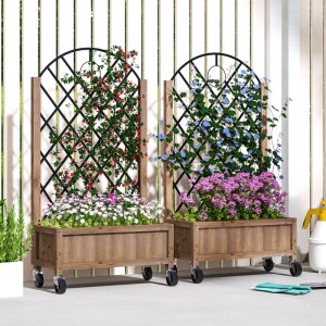 Outsunny Garten-Bett Set mit Rankgitter, Tannenholz, braun. Blumenkästen auf Rollen mit Pflanzen.