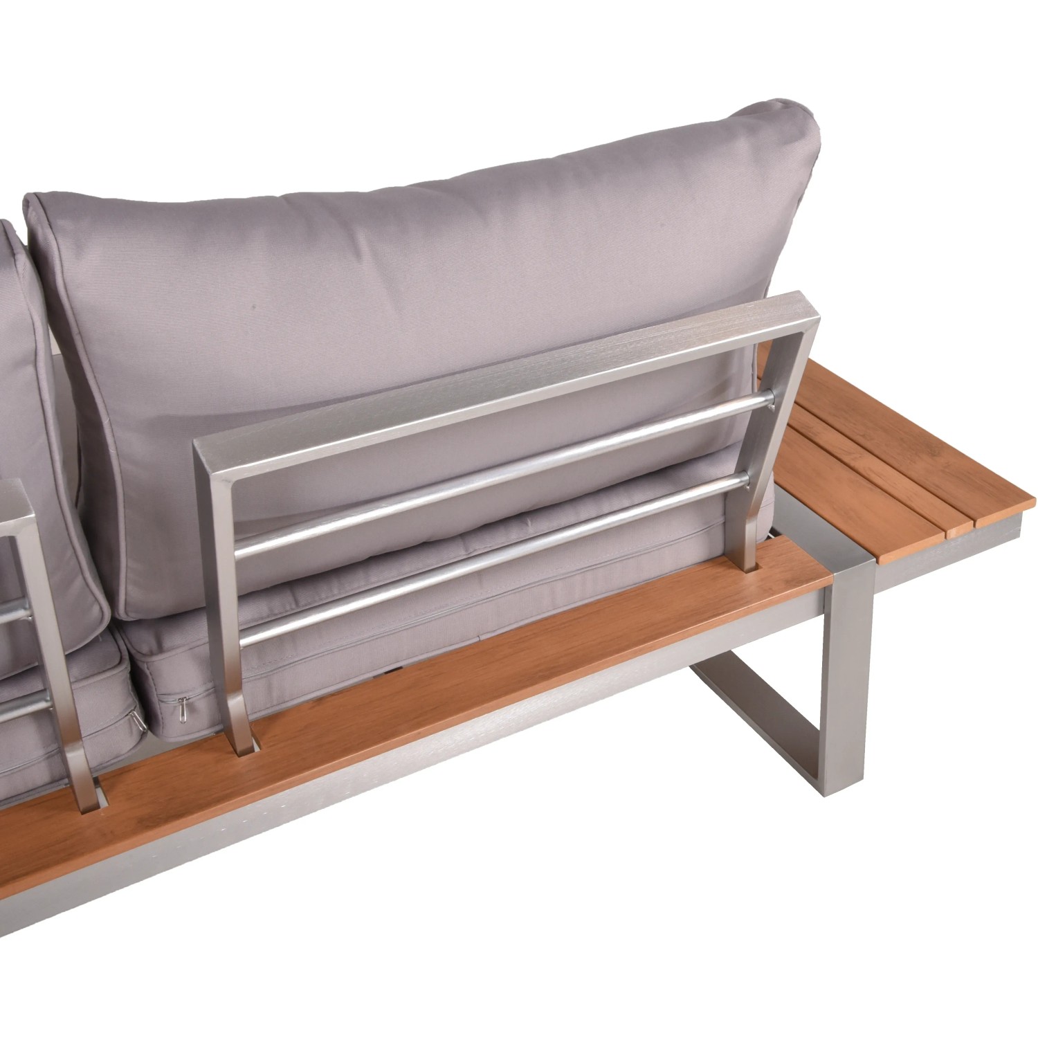 Detailansicht der grau-braunen Garden Pleasure Aurea Lounge-Eckgruppe, Gartenmöbel mit Aluminiumrahmen und Polster.