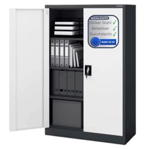 DELUKE Aktenschrank KADO, abschließbarer Büroschrank mit Flügeltüren, 140x90x40 cm, anthrazit-weiß.