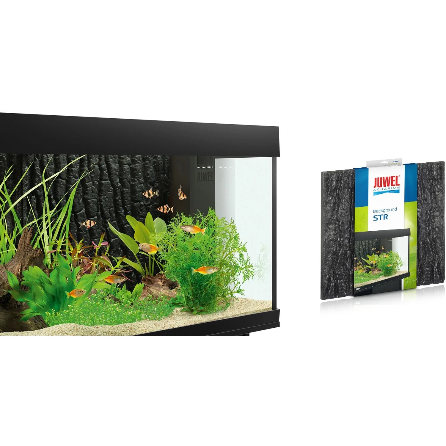 Juwel Aquarium Strukturrückwand STR 600 mit Rindenstruktur im Aquarium und als Produktverpackung.