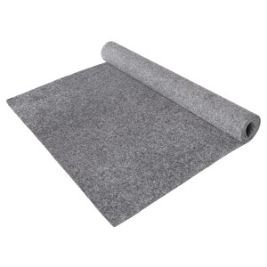 Grauer Primaflor Nadelfilz Turbo Teppichboden als Musterstück, teilweise aufgerollt.
