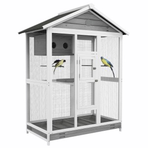 PawHut Vogelkäfig mit Sitzstangen und ausziehbarer Bodenwanne, mit zwei Vögeln.