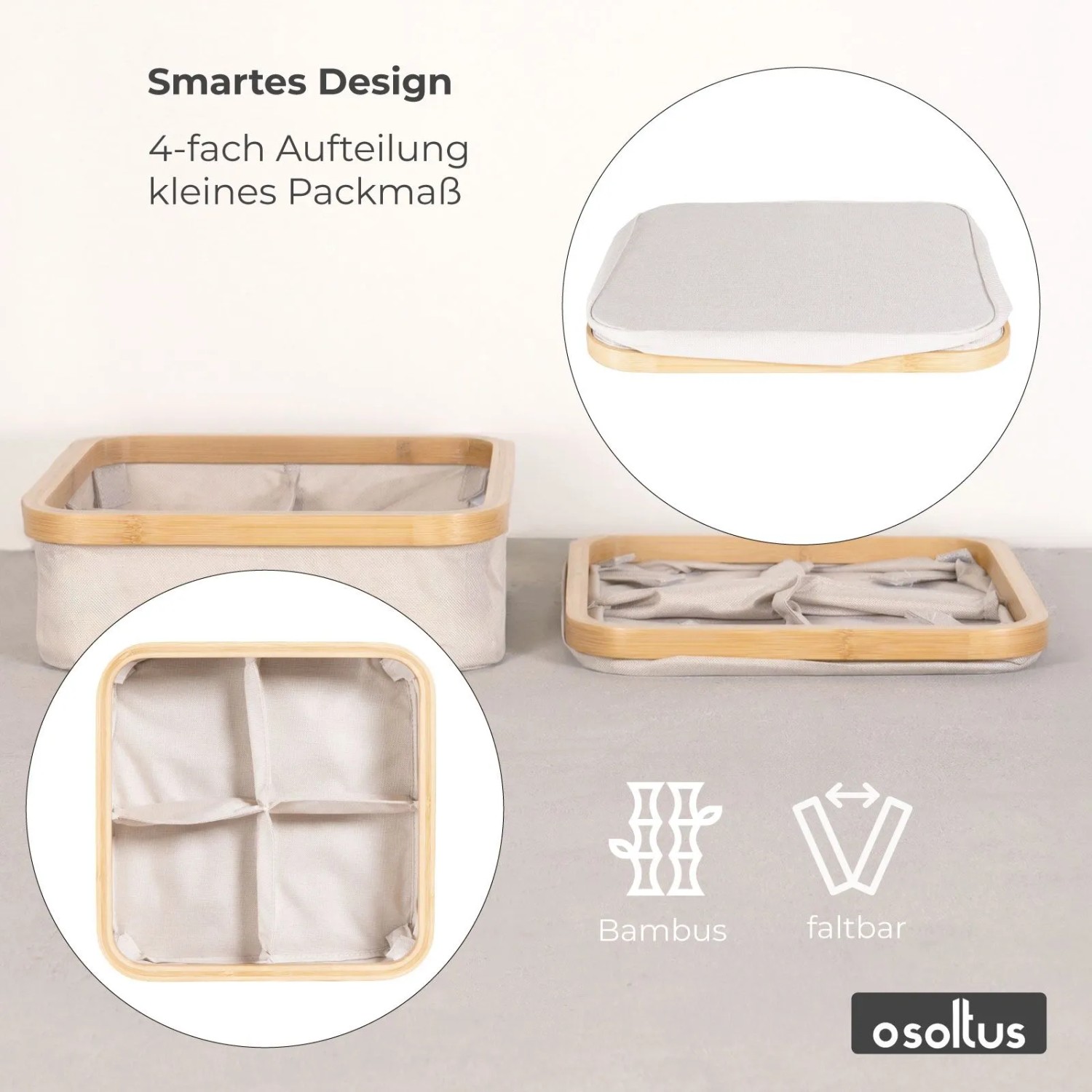 osoltus Badezimmer Box Nelson 2x Bambus Aufbewahrungskorb Beige 4 Fächer_5
