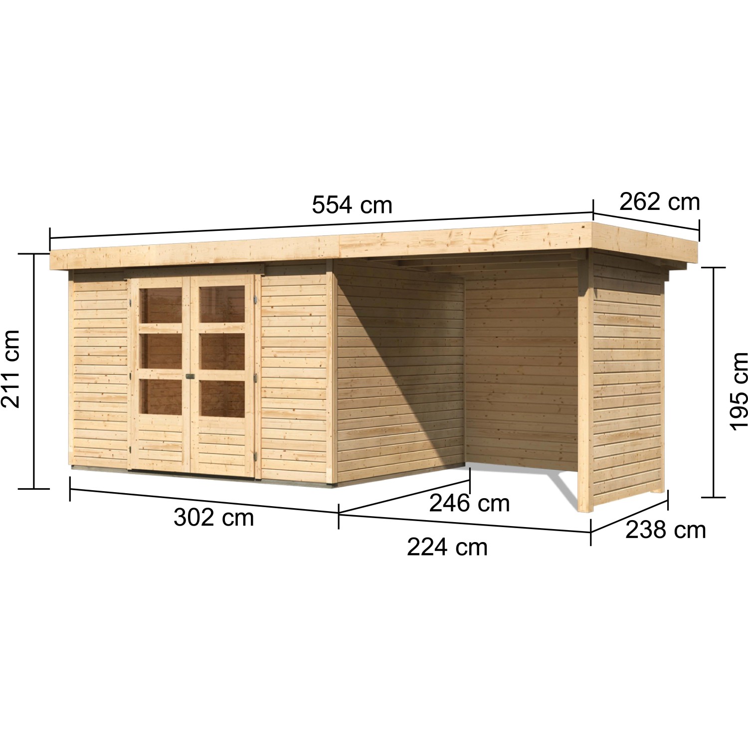 Karibu Holz-Gartenhaus Boras Natur, unbehandelt, mit Maßangaben. Flachdach Gartenhaus mit Anbau.