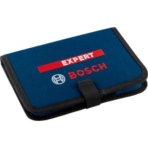 Bosch Expert Flachfräsbohrer-Set, 13-teilig, in blau-roter Aufbewahrungstasche.