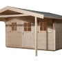 Unbehandeltes Weka Holz-Gartenhaus mit Satteldach und überdachter Fläche. Naturholz mit Fenster und Tür.