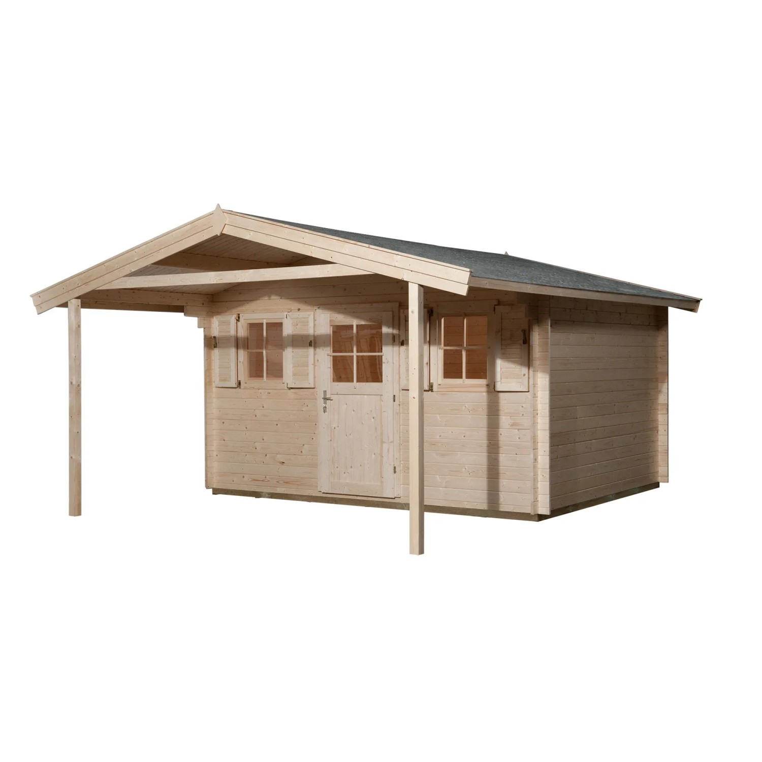 Unbehandeltes Weka Holz-Gartenhaus mit Satteldach und überdachter Fläche. Naturholz mit Fenster und Tür.